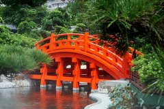 Orange bridge over a small lake leading to the Golden Pagoda, Nan Lian Garden, Kowloon (Diamond Hill), Hong Kong