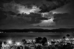 Lightning storm at night over Lake Chapala San Juan Cosala, Jalisco, Mexico
