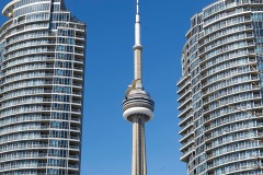 CN Tower seen between new apartment buildings, , Toronto , Ontario, Canada