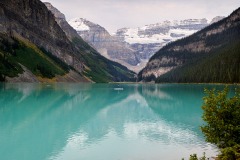 Lake Louise with paddle boarder, toward plain of the six glaciers Banff National Park, Lake Louise, Alberta, Canada,