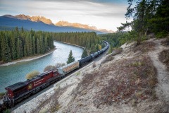 Train running beside the Bow River with Mount Temple in the distance, Bow Valley Parkway, Banff National Park, Alberta, Canada,