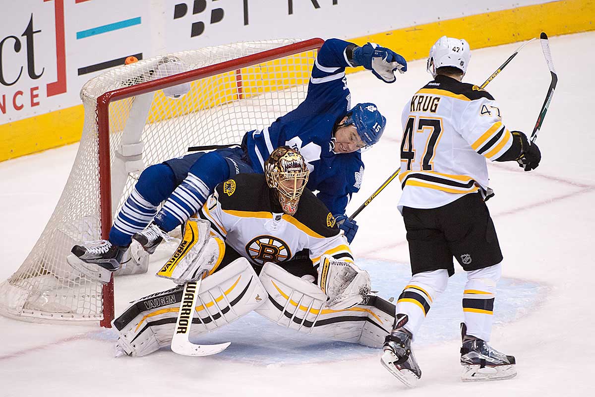 23 November 2015: Toronto Maple Leafs Right Wing PA Parenteau (15) [2515] falls over Boston Bruins Goalie Tuukka Rask (40) [4958] in the third period at Air Canada Centre, Toronto, ON, Canada (Photo by Peter Llewellyn/Icon Sportswire)