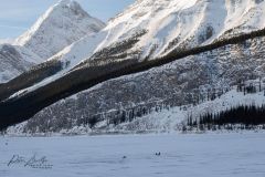 Ice fishing on Spray Lakes, Spray Lakes Provincial Park, Kananaskis Country, Alberta, Canada