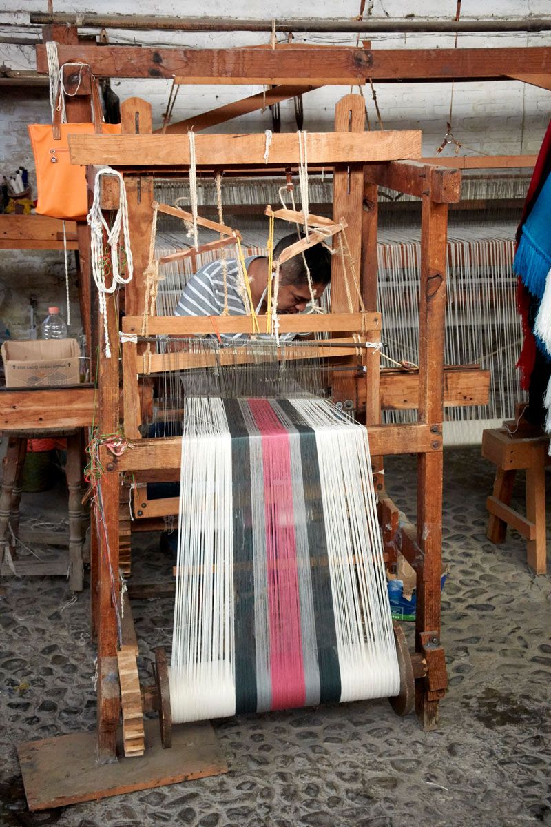 Weaver working on hand loom, Ajijic, Jalisco, Mexico.