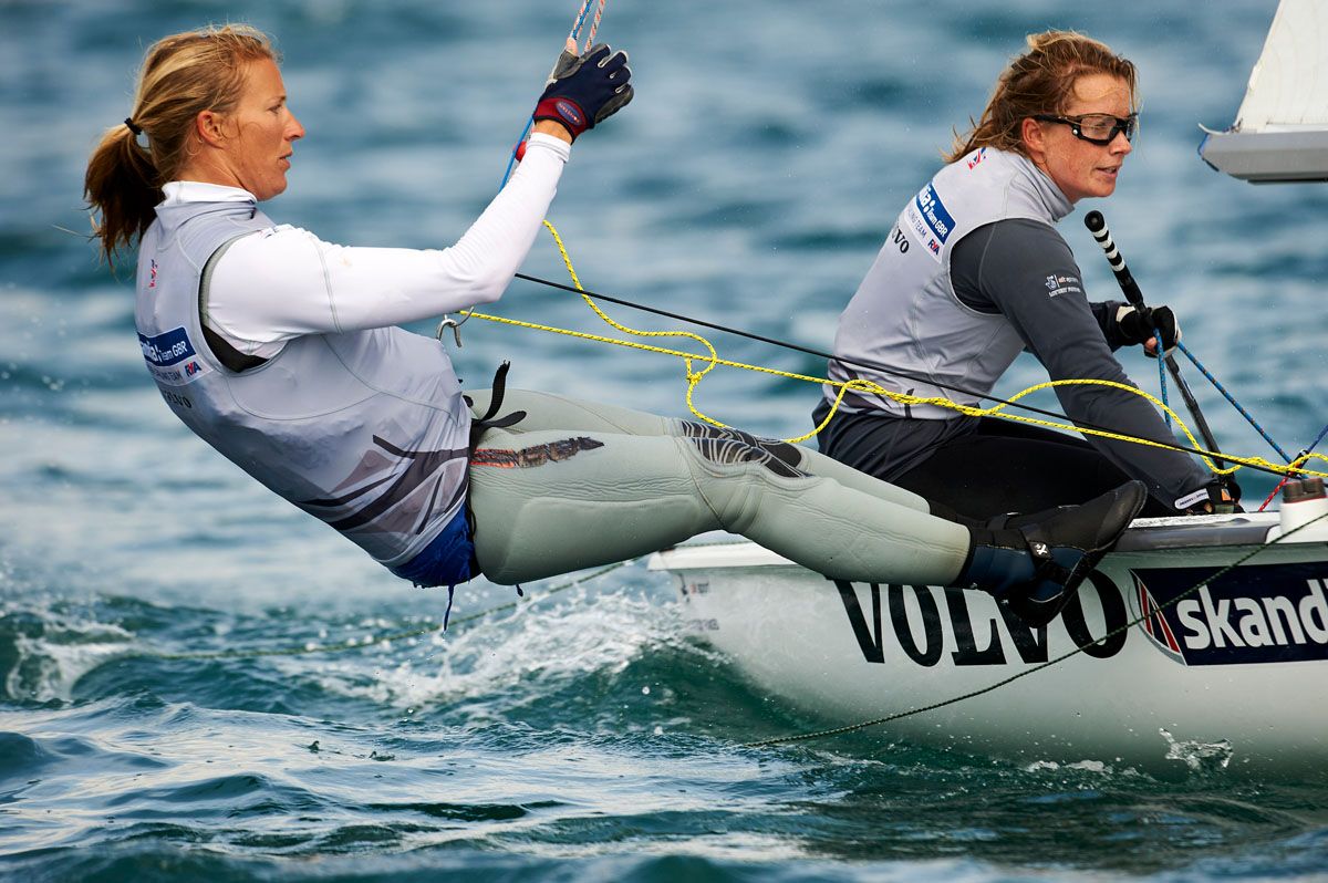 Hannah Mills and Saskia Clark (GBR), 470, women's two person dinghy, Sailing Olympic Test Event, Weymouth, England,