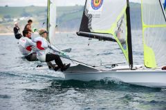 Yannick Lefebvre and Matthieu Jannsens (BEL), Sailing Olympic Test Event, 49er men's skiff Class, Weymouth, England, Photo by: Peter Llewellyn