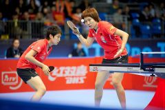 Yue GUO (CHN) and and Xiaoxia LI (CHN) during the ITTF Table Tennis Tour Grand Finals, ExCel Centre, London, England November 27, 2011. Guo and Li won the women's doubles title.