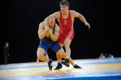 Rami HIETANIEMI (FIN) in red v alo TOOM (EST) in blue, 96kg class, Greco Roman, The London Prepares Wrestling Olympic Test Event, ExCel Arena, London, England December 11, 2011.