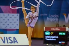 Tsvetelina STOYANOVA (BUL) competes in the ribbon, The London Prepares Visa International Gymnastics, Olympic Test Event, North Greenwich Arena, London, England January 13, 2012.