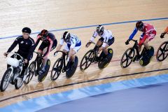 London, England, 12-02-18. Competitors follow the motorcycle pace bike in the second round of the men's Keirin at the UCI World Cup, Track Cycling, Olympic Velodrome, London. Part of the London Prepares Olympic preparations.