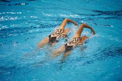 London, England, 22-04-12. Etel and Sofia SANCHEZ (ARG) in the FINA Synchronised Swimming Qualifications. Part of the London Prepares Olympic preparations. Etel and Sofia are part of triplets, the third being a brother.