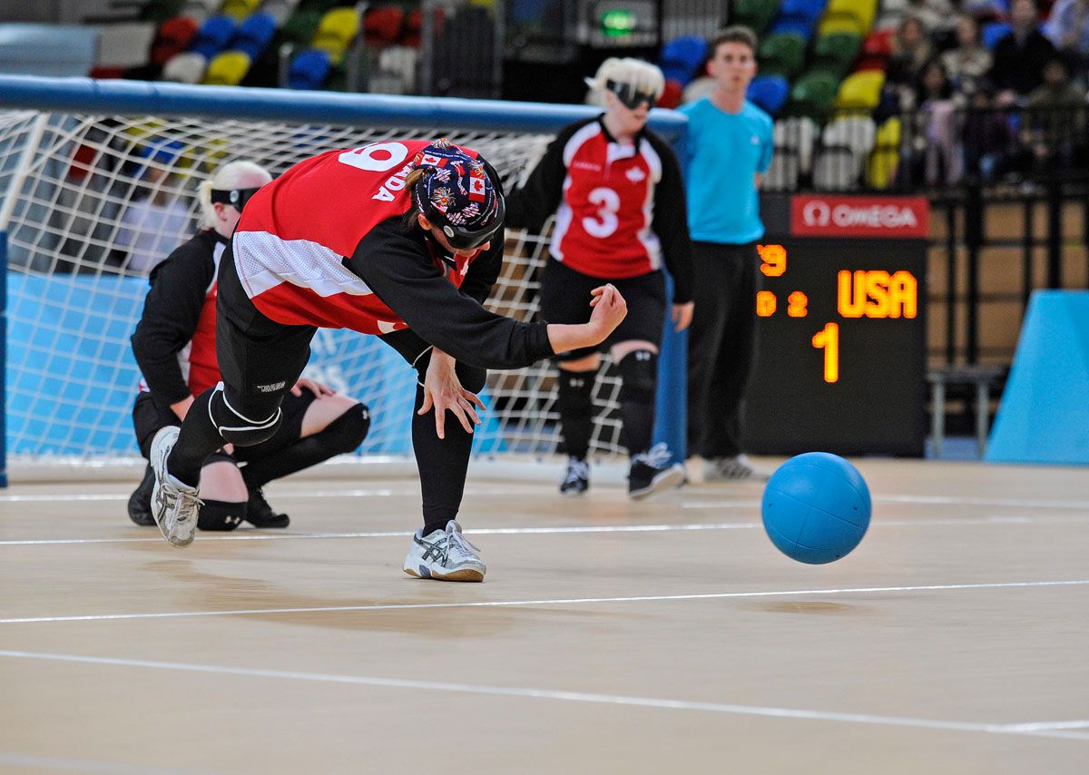 Nancy MORIN (CAN) makes an attacking throw during Canada v USA, The London Prepares Goalball Paralympic Test Event - Poland v China, Handball Arena, Olympic Park, London, England December 3, 2011. Canada went on to win 5 - 1 Handball is played by blind or partially sighted athletes wearing an eye