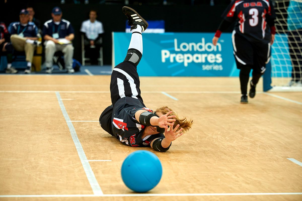 Nicole BUCK (USA) makes a save during Canada v USA, The London Prepares Goalball Paralympic Test Event - Poland v China, Handball Arena, Olympic Park, London, England December 3, 2011. Canada went on to win 5 - 1 Handball is played by blind or partially sighted athletes wearing an eye shade to en