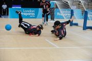 Lisa CZECHOWSKI (USA) makes a save backed up by Asya MILLER (USA) during Canada v USA, The London Prepares Goalball Paralympic Test Event - Poland v China, Handball Arena, Olympic Park, London, England December 3, 2011. Canada went on to win 5 - 1
