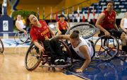 June 23, 2014; World Women's Wheelchair Basketball Championships, Mattamy Athletic Centre, Toronto Ontario, Canada, Great Britain v China - Yun Long (CHN) tackled by Judith Hammer (GBR) Photo: Peter Llewellyn