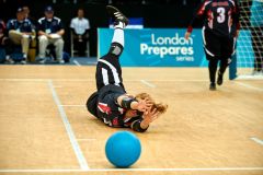 Nicole BUCK (USA) makes a save during Canada v USA, The London Prepares Goalball Paralympic Test Event - Poland  v China, Handball Arena, Olympic Park,  London, England December 3, 2011. Canada went on to win 5 - 1  Handball is played by blind or partially sighted athletes wearing an eye shade to en