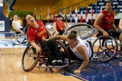 June 23, 2014; World Women's Wheelchair Basketball Championships, Mattamy Athletic Centre, Toronto Ontario, Canada, Great Britain v China - Yun Long (CHN) tackled by Judith Hammer (GBR) Photo: Peter Llewellyn