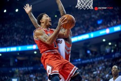 Nov 13, 2014; Toronto, Ontario, CAN;  Chicago Bulls guard Derrick Rose (1) jumps to score against Toronto Raptors during the first quarter at Air Canada Centre. Mandatory Credit: Peter Llewellyn-USA TODAY Sports