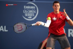 Aug 6, 2014; Toronto, Ontario, Canada; Milos Raonic (CAN) hits a forehand against Jack Sock (USA) on day three of the Rogers Cup tennis tournament at Rexall Centre. Mandatory Credit: Peter Llewellyn-USA TODAY Sports