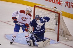 07 October 2015: Toronto Maple Leafs Goalie Jonathan Bernier (45) [5874] catches the puck watched by Montreal Canadiens Left Wing Lars Eller (81) [6418]in first period at Air Canada Centre Toronto, ON. Canada (Photo by Peter Llewellyn Icon Sportswire)