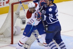 07 October 2015: Montreal Canadiens Winger Devante Smith-Pelly (21) [8365] and Toronto Maple leafs Carl Gunnarson (36) clash in front of goal in the second period at Air Canada Centre Toronto, ON. Canada (Photo by Peter Llewellyn Icon Sportswire)