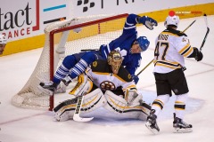 23 November 2015: Toronto Maple Leafs Right Wing PA Parenteau (15) [2515] falls over Boston Bruins Goalie Tuukka Rask (40) [4958] in the third period at Air Canada Centre, Toronto, ON, Canada (Photo by Peter Llewellyn/Icon Sportswire)