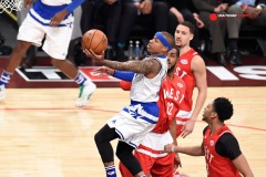 Feb 14, 2016; Toronto, Ontario, CAN; Eastern Conference guard Isaiah Thomas of the Boston Celtics (4) shoots the ball in front of Western Conference forward LaMarcus Aldridge of the San Antonio Spurs (12), Western Conference guard Klay Thompson of the Golden State Warriors (11), and Western Conference center Anthony Davis of the New Orleans Pelicans (23) in the first quarter during the NBA All Star Game at Air Canada Centre. Mandatory Credit: Peter Llewellyn-USA TODAY Sports