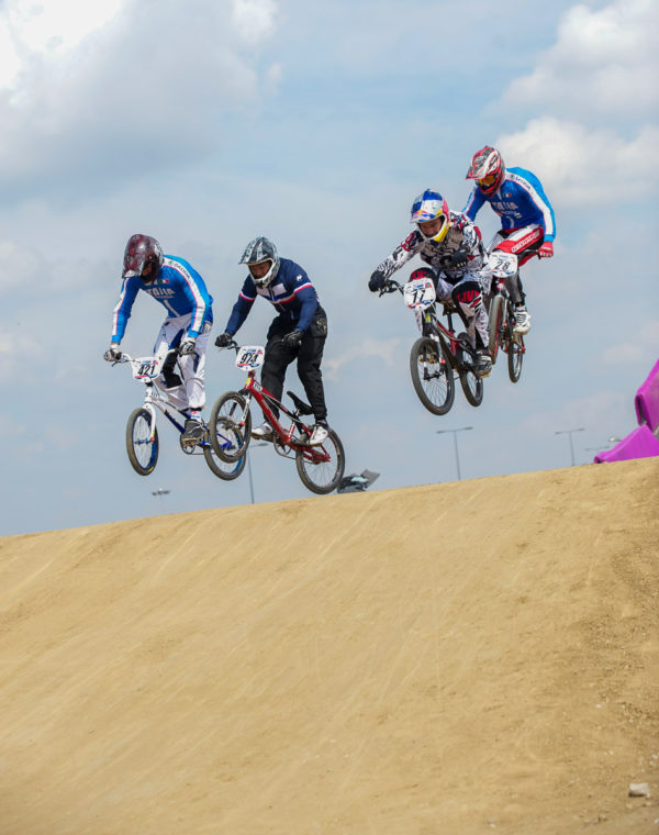 L to R - Romain Riccardi (ITA), Oliver Hoarau (FRA), Luke Madill (AUS) and Manuel de Vecchi (ITA), BMX Supercross World Cup Olympic Test Event, Olympic Park, Stratford London, England, Photo by: Peter Llewellyn