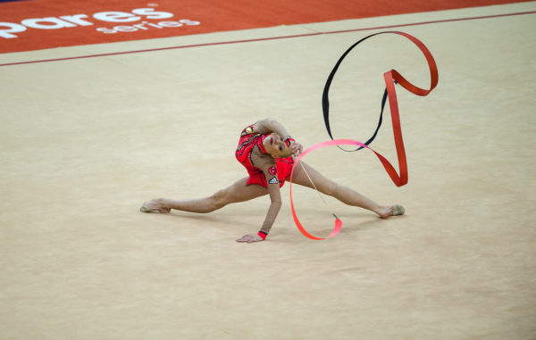 Kseniya MOUSTAFAEVA (FRA) competes in the ribbon, The London Prepares Visa International Gymnastics, Olympic Test Event, North Greenwich Arena, London, England January 13, 2012.