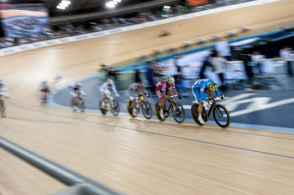 London, England, 12-02-18. Competitors on the men's Omnium scratch race at the UCI World Cup, Track Cycling, Olympic Velodrome, London. Part of the London Prepares Olympic preparations.