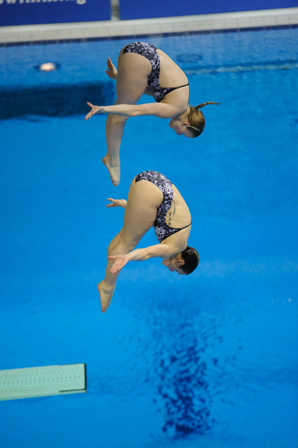 London, England, 12-02-25. Katja DIECKOW and Nora SUBSCHINSKI (GER) competing in the women's 3m spring board at the 18th FINA Visa World Cup Diving, Olympic Aquatics Centre. Part of the London Prepares Olympic preparations.