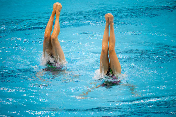 London, England, 22-04-12. Anastasia GLOUSHKOV and Inna YOLFE (ISR) in the FINA Synchronised Swimming Qualifications