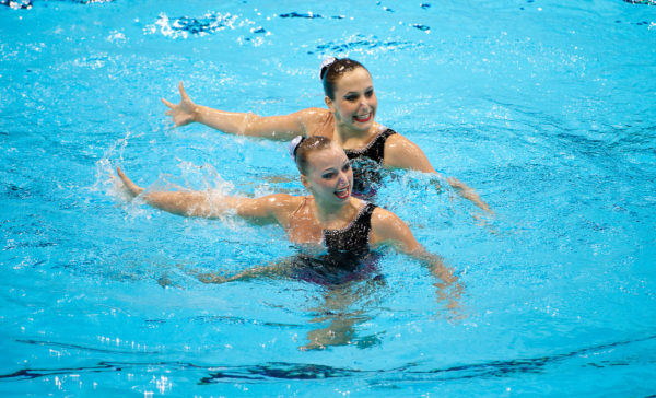 London, England, 22-04-12. Nadine BRANDL and Livia LANG (AUT) in the FINA Synchronised Swimming Qualifications. Part of the London Prepares Olympic preparations.