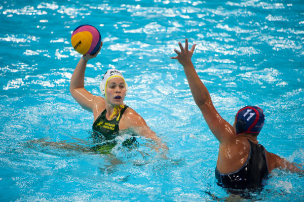London, England, 05-05-12. Nicola ZAGAME (AUS) and Annika DRIES (USA) in the VIsa Water Polo Invitational. Part of the London Prepares Olympic preparations.
