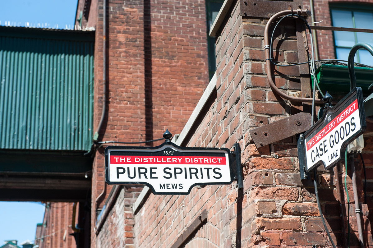 Street signs at Gooderham and Worts, formerly the largest distillery in Canada, Distillery District, Toronto , Ontario, Canada